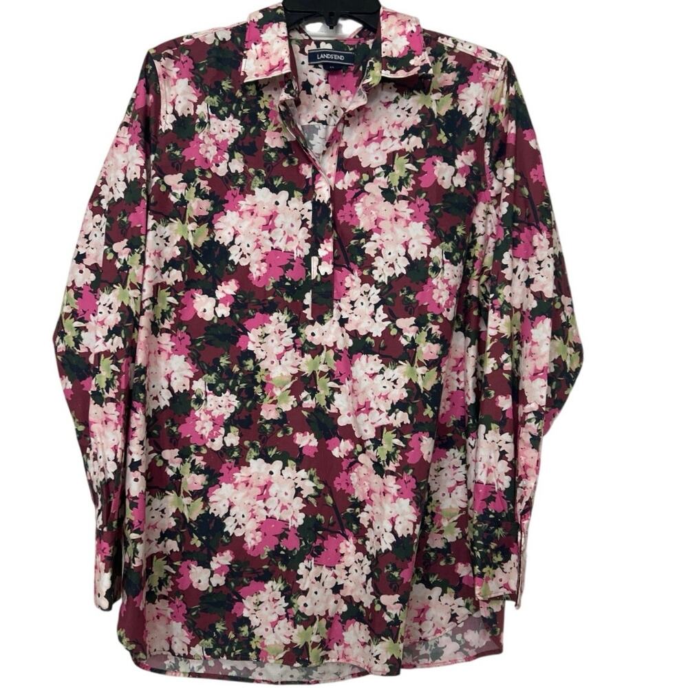 Lands' End No Iron Supima Cotton Dark Floral
Cottage Popover Top Split Hem 12